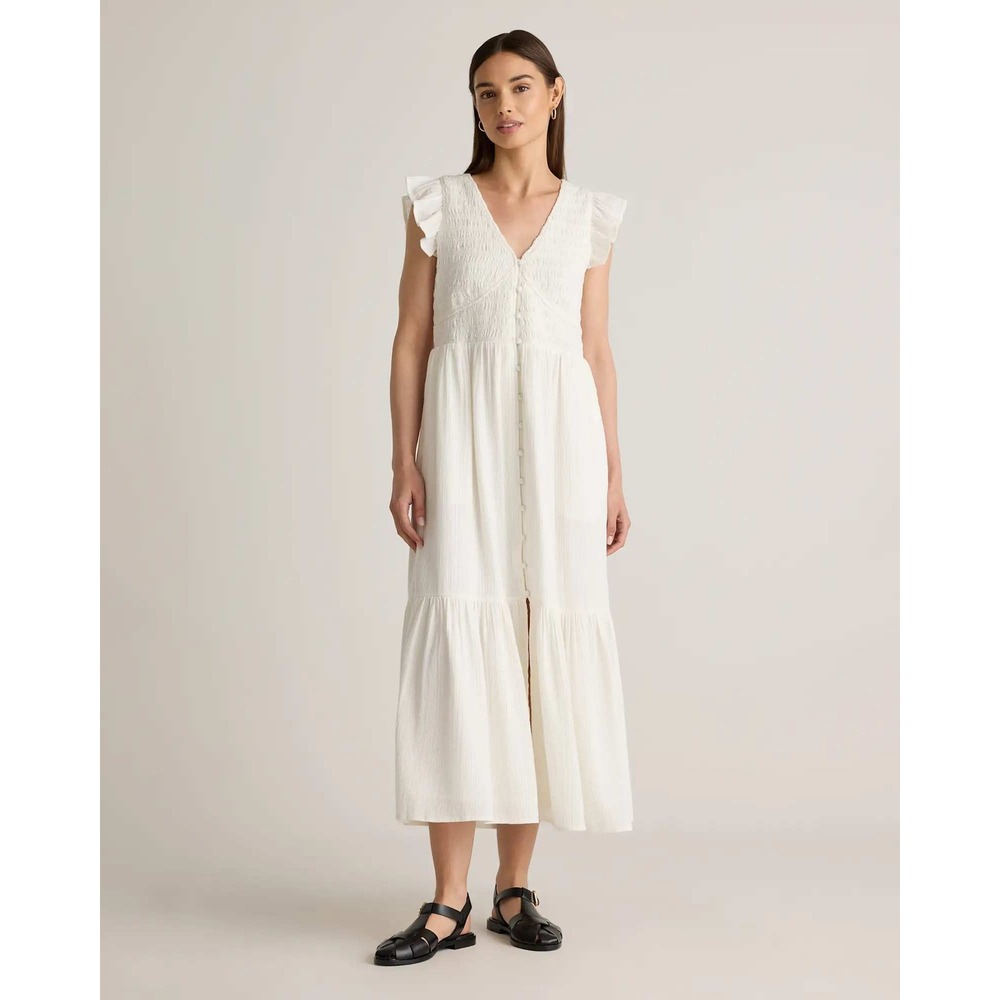 Quince Organic Textured Cotton Smocked V-neck Midi Dress White Small NWT